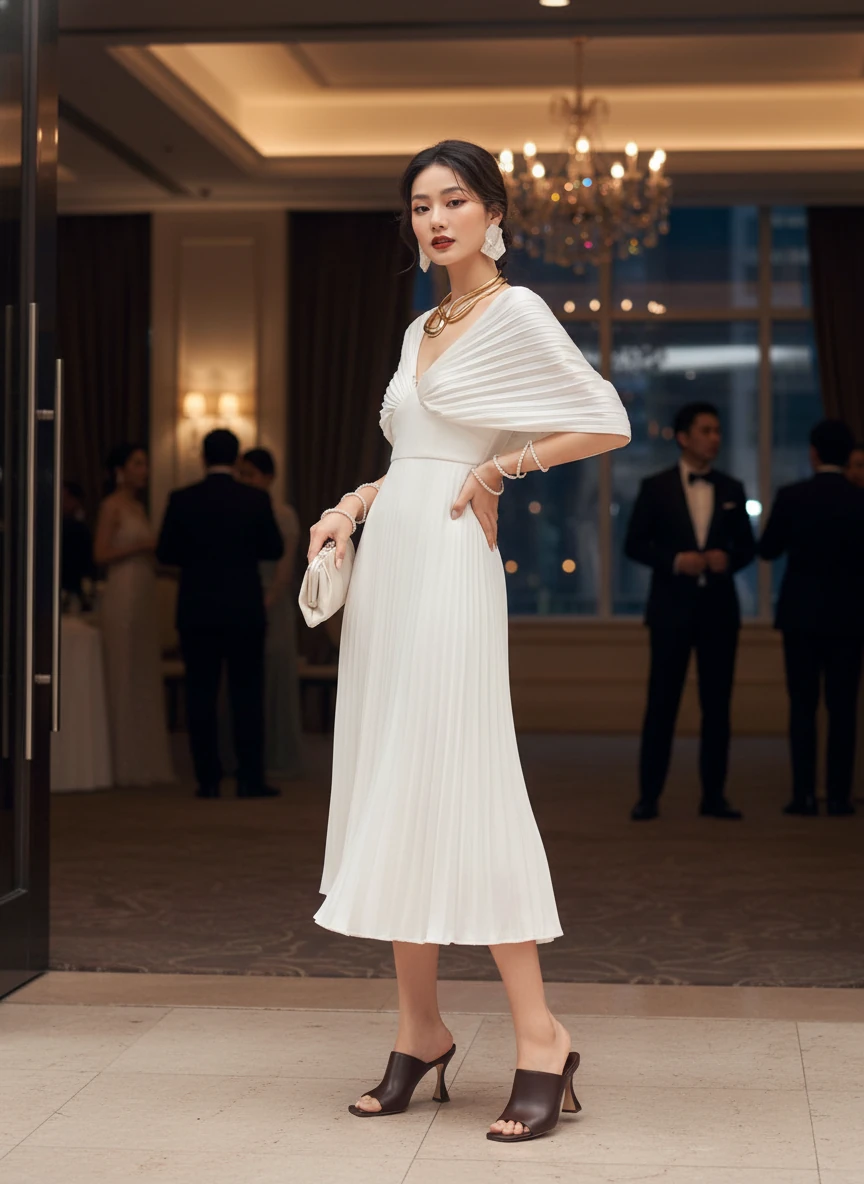 Create an image of a female model wearing the following outfit: silk dress (from image 1), statement necklace (from image 2), heels (from image 3). In an elegant event setting, sophisticated pose