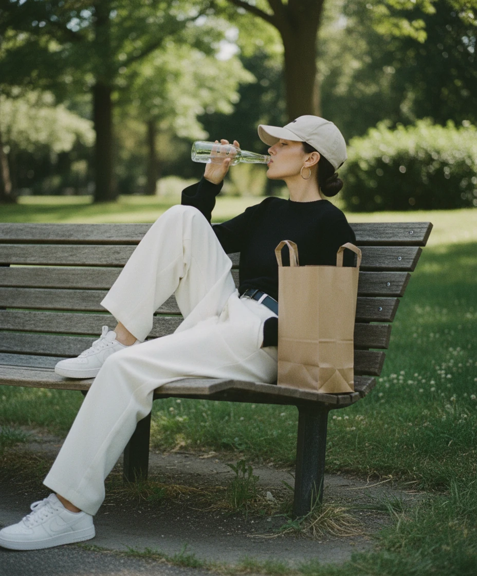Create a photo of the model from image 1 but in the reference pose from image 2, in a park environment, with film style texture.