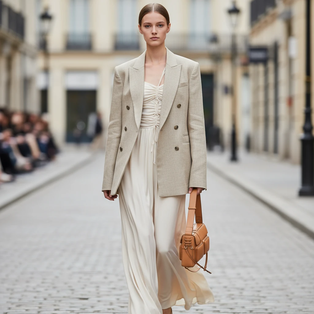 Transform this fashion sketch into a realistic photo: female model wearing the garment design, model in elegant walking pose, show fabric texture and draping