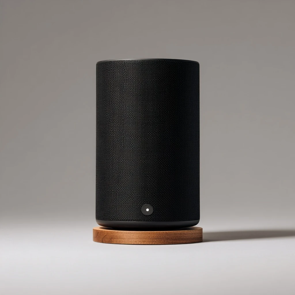 Design a minimalist wireless speaker: cylindrical shape, matte black aluminum body, fabric mesh front, subtle LED indicator, wooden base, modern Scandinavian aesthetic, studio product photography lighting