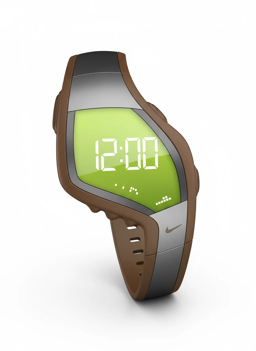 Transform this product sketch into a photorealistic 3D rendering: modern sports watch with LED display, metal and plastic casing, with studio product photography lighting.