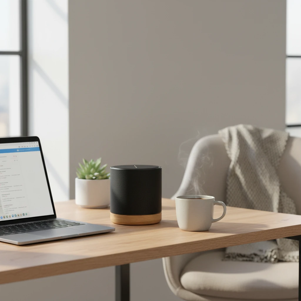 Show this wireless speaker on a modern home office desk, next to a laptop and coffee mug, natural window lighting, cozy workspace atmosphere, lifestyle product photography