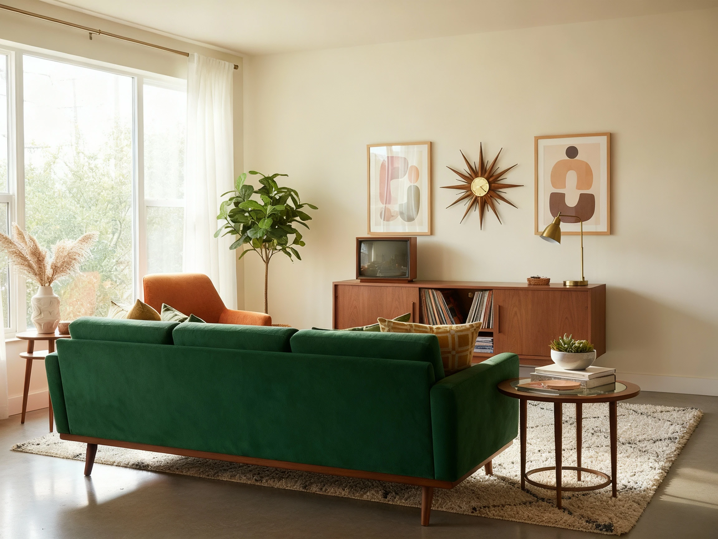 Replace the sofa in this room with a green mid-century sectional. Keep the lighting and perspective consistent.