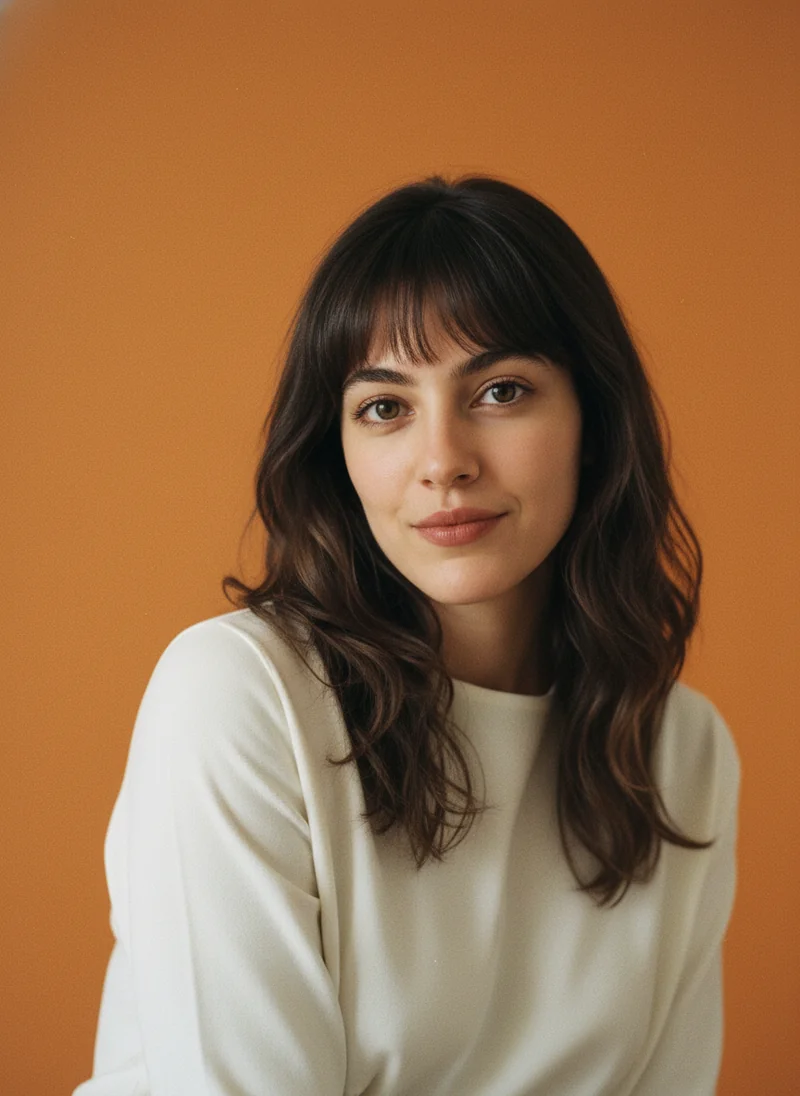 Create a professional portrait based on the woman in the provided photo, warm plain orange background with grain, wearing ...