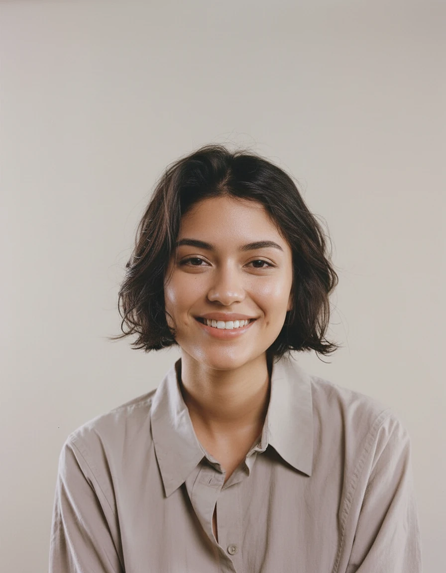 make her look happier, comb hair to be more tidy, let her sit straight, bring better lighting, but keep it look realistic, dont polish the skin or anything like that to keep it authentic, only want to make her look more lively.