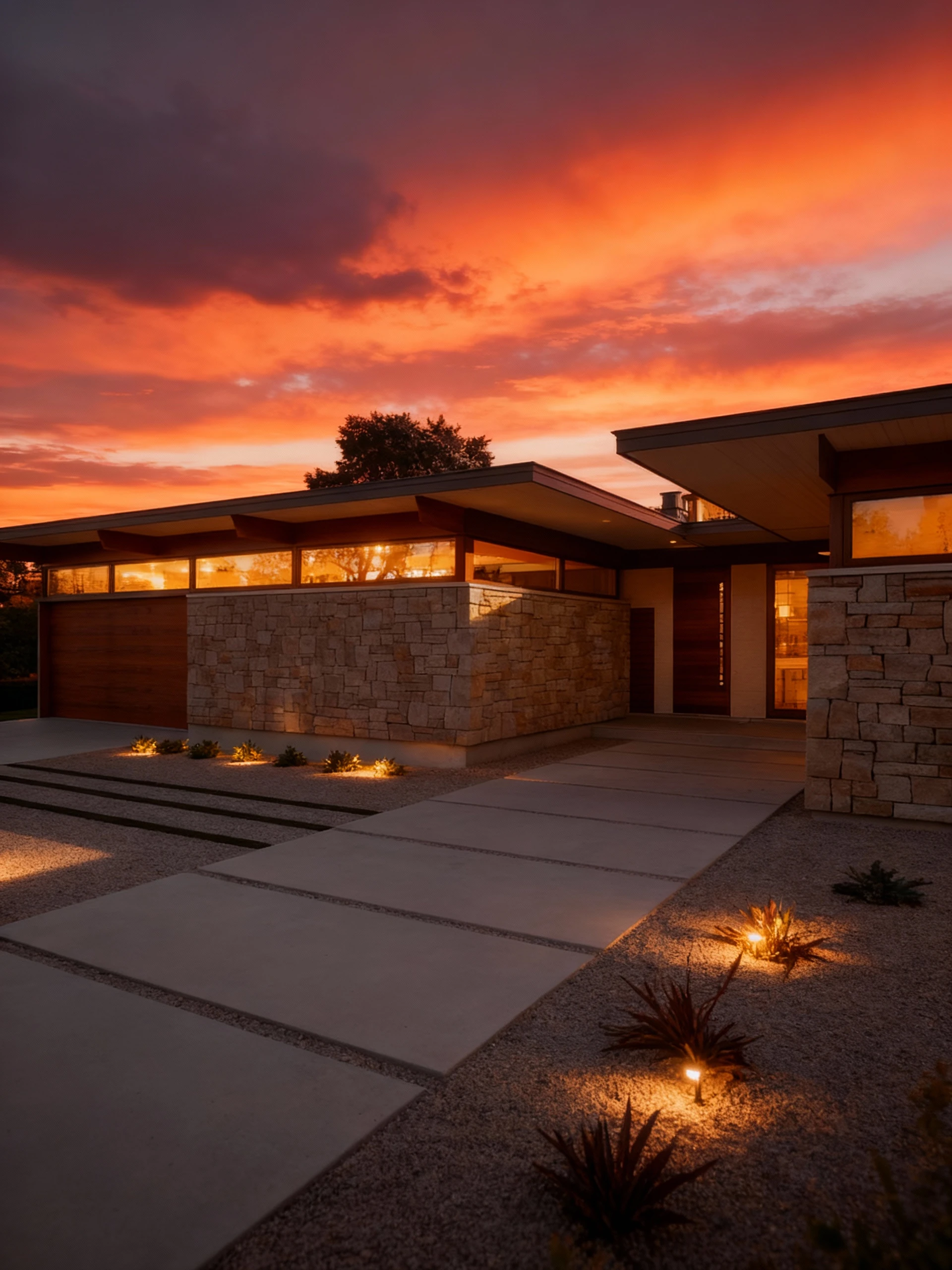 Convert this daytime photo to a beautiful dusk/twilight scene. Add a dramatic sunset sky, turn on all interior and exterio...