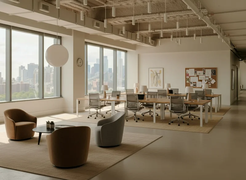 Furnish the open office with three parallel rows of large modern designer piece light-oak desks (2.4m × 1m x 2 pieces) set...