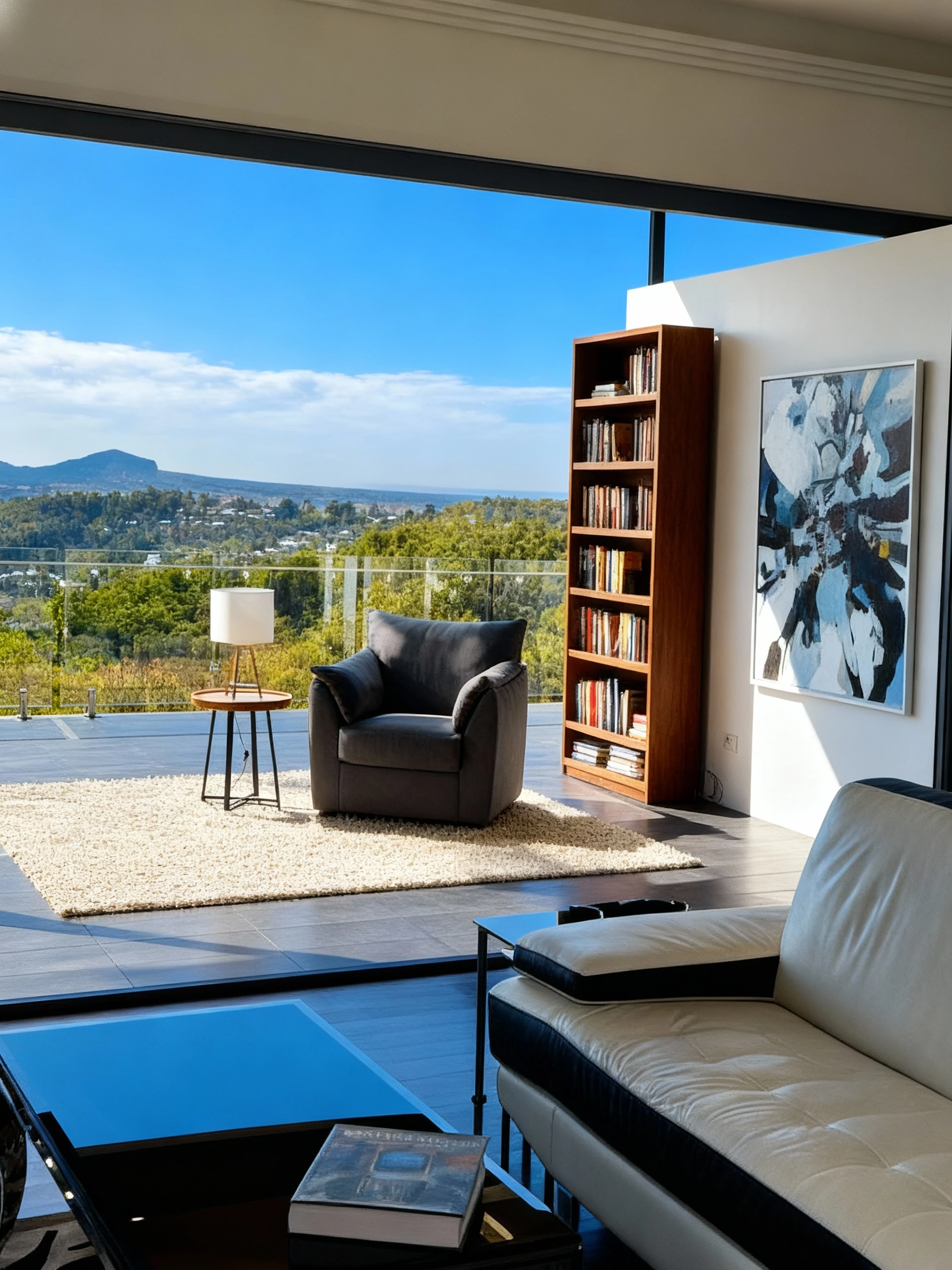 Enhance this interior photo using an HDR-style edit to balance indoor and outdoor exposure. Brighten the interior to reveal furniture details while preserving the view outside the windows with natural dynamic range, make the interior much brighter, almost too bright. Adjust contrast and highlights to create a crisp yet realistic look. Improve color balance and sharpness for a clean, professional finish. Subtly boost warmth and daylight tones to make the space feel inviting and well-lit, with clear textures, accurate whites, and smooth tonal transitions between light and shadow. lower the brightness of the sky, so we can see blue sky.