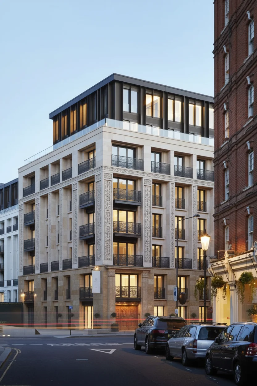 High-quality building exterior render with realistic lighting and environmental context