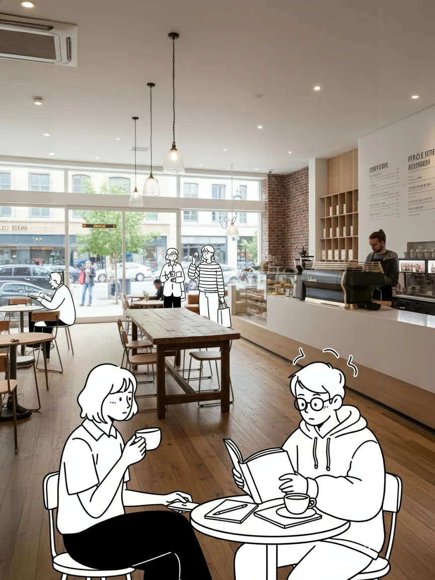 Illustrated characters inside a coffee shop