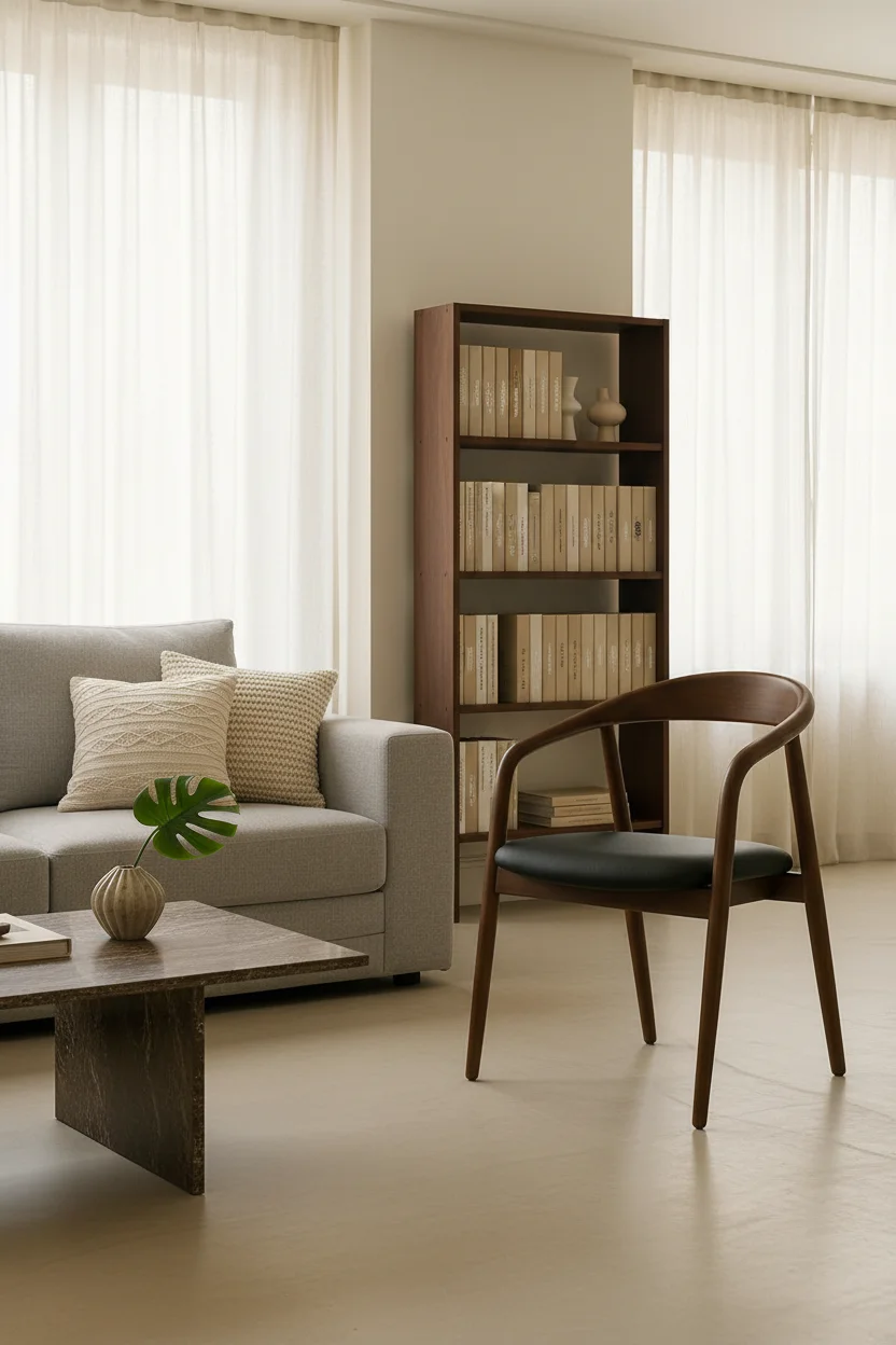 Modern wooden chair in living room setting - AI generated furniture design